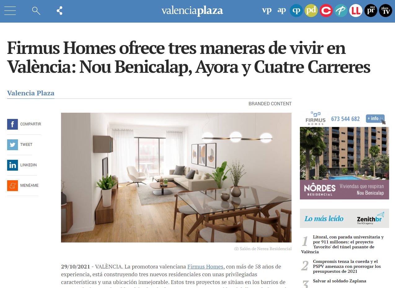 En este momento estás viendo En Valencia Plaza – Firmus Homes ofrece tres maneras de vivir en València: Nou Benicalap, Ayora y Cuatre Carreres